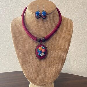 Embroidered Red Necklace and Earring Set